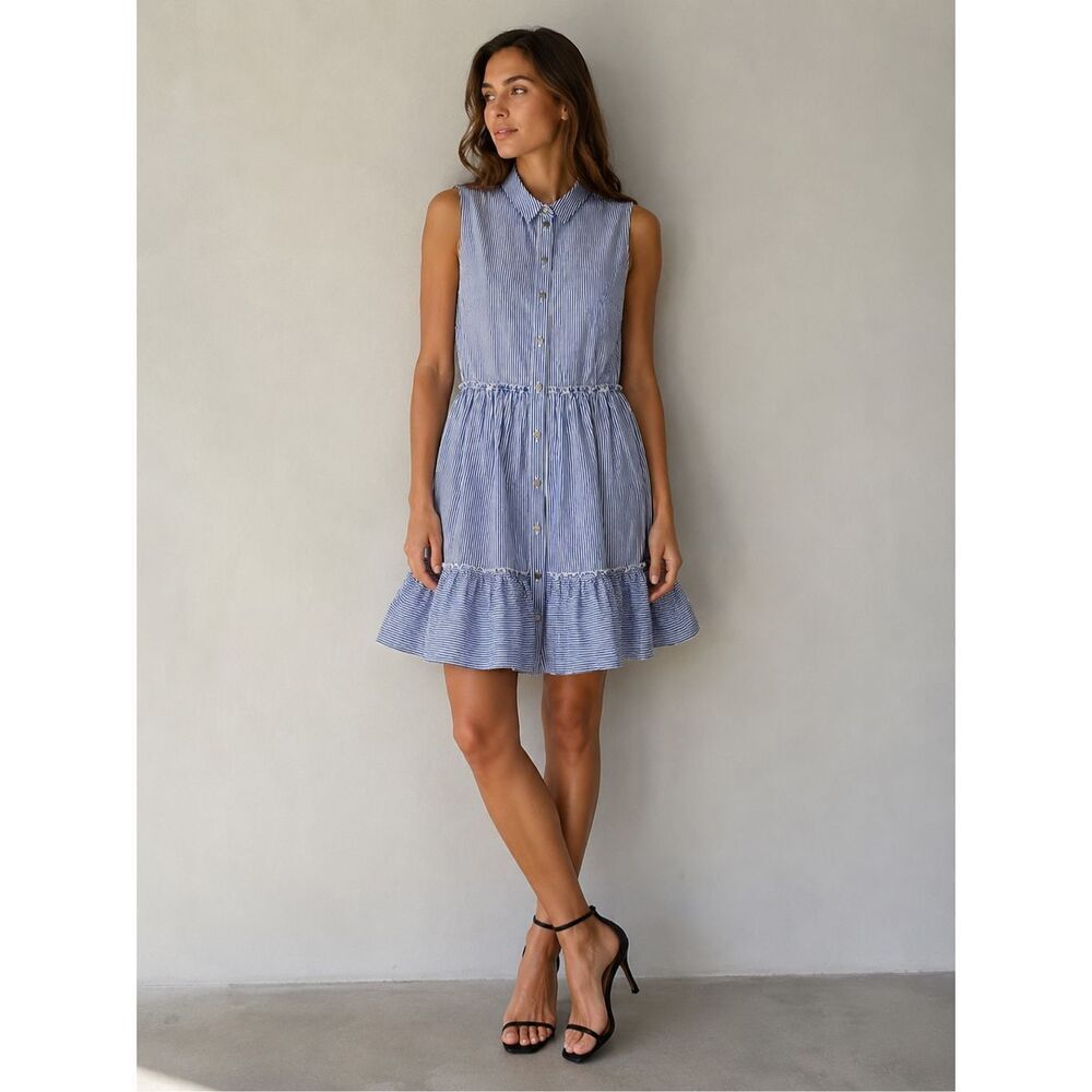 Ted Baker London Blue & White Stripe Sleeveless Ruffle Shirt Dress Size 1UK/S US